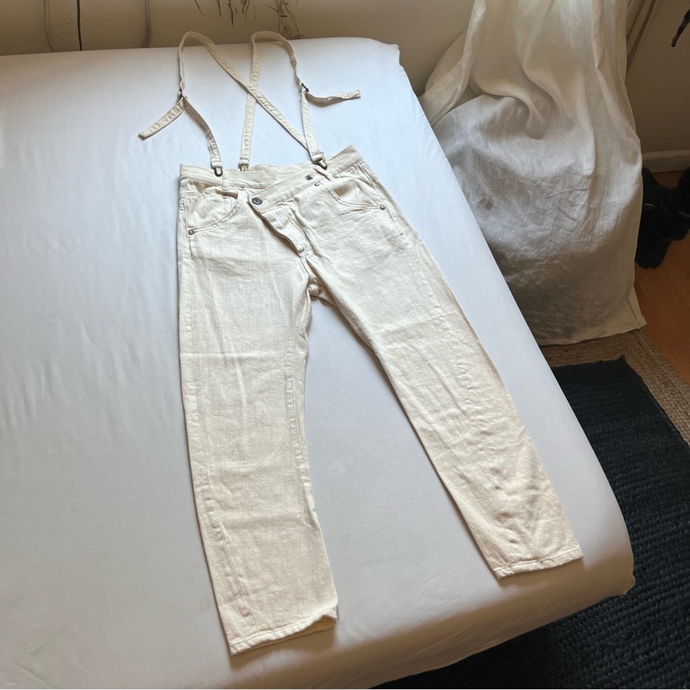 NIKO AND ivory cream denim slim leg‎ cropped overall straps jeans